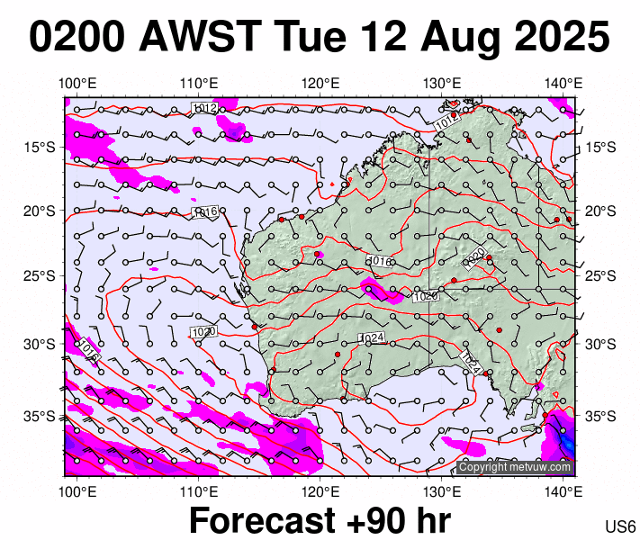 Western Australia forecast chart for Monday, August 11th, 2025 at 6:00 PM