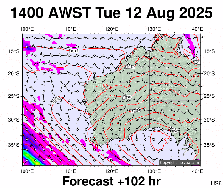 Western Australia forecast chart for Tuesday, August 12th, 2025 at 6:00 AM
