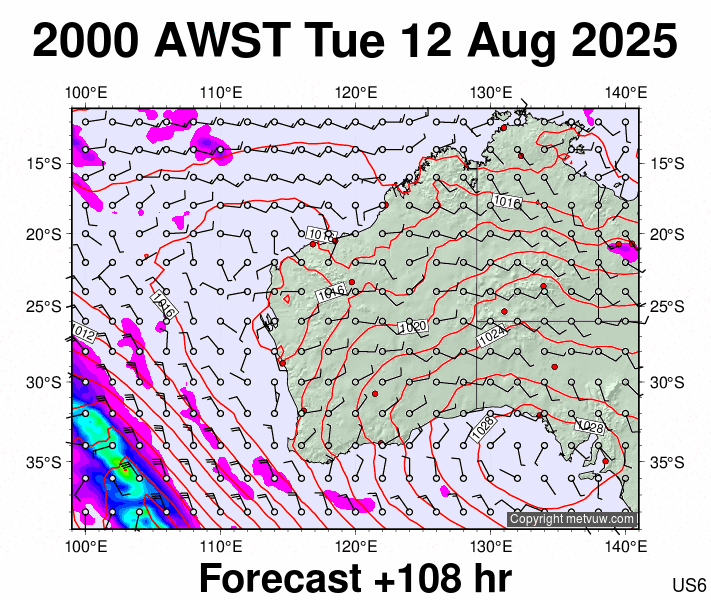 Western Australia forecast chart for Tuesday, August 12th, 2025 at 12:00 PM