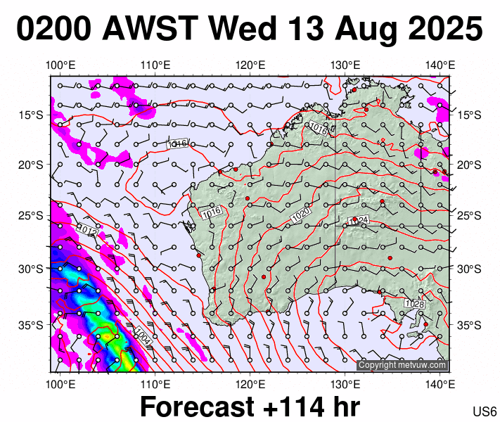 Western Australia forecast chart for Tuesday, August 12th, 2025 at 6:00 PM