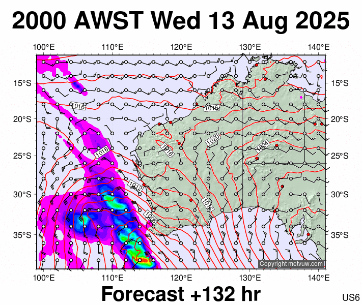 Western Australia forecast chart for Wednesday, August 13th, 2025 at 12:00 PM