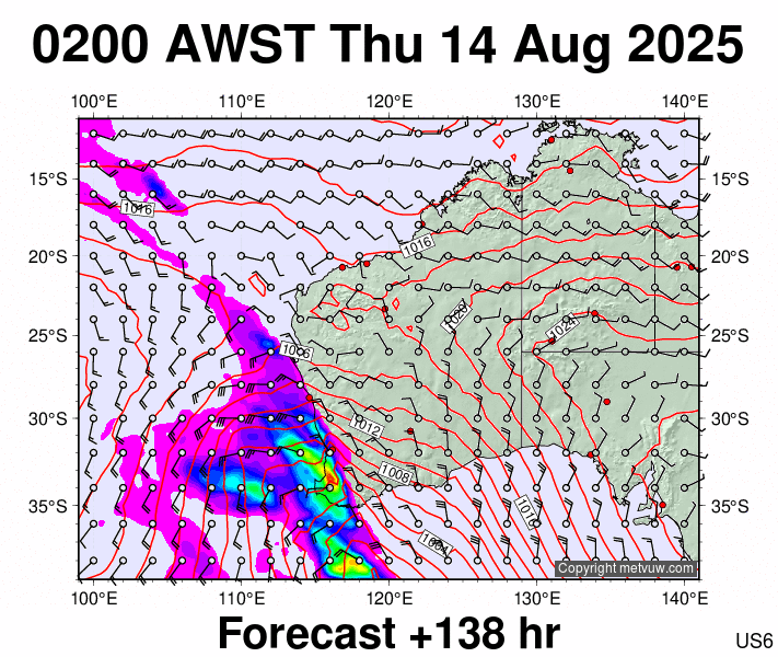 Western Australia forecast chart for Wednesday, August 13th, 2025 at 6:00 PM