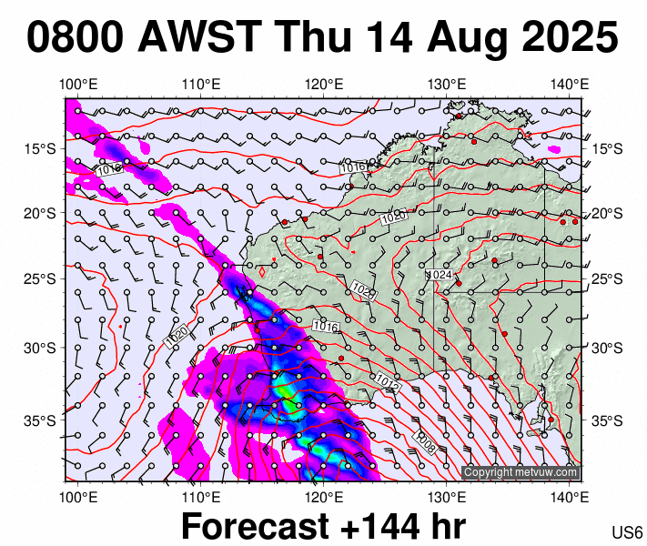 Western Australia forecast chart for Thursday, August 14th, 2025 at 12:00 AM