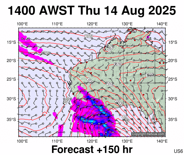Western Australia forecast chart for Thursday, August 14th, 2025 at 6:00 AM