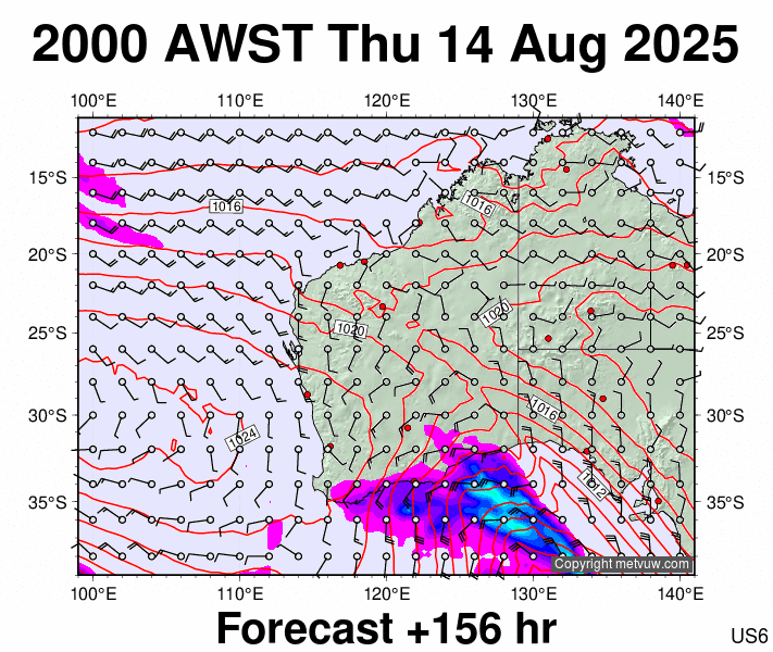 Western Australia forecast chart for Thursday, August 14th, 2025 at 12:00 PM