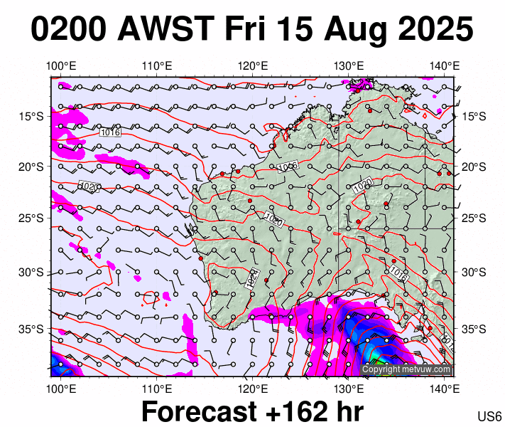 Western Australia forecast chart for Thursday, August 14th, 2025 at 6:00 PM