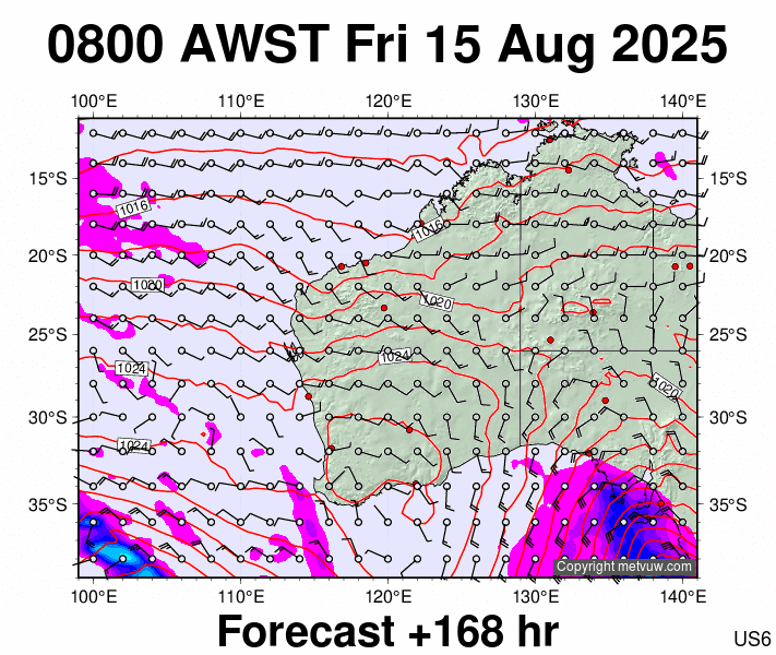 Western Australia forecast chart for Friday, August 15th, 2025 at 12:00 AM