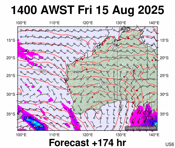 Western Australia forecast chart for Friday, August 15th, 2025 at 6:00 AM