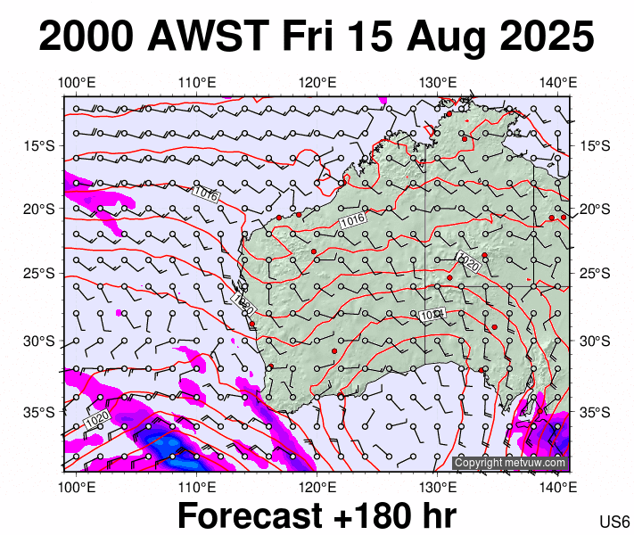 Western Australia forecast chart for Friday, August 15th, 2025 at 12:00 PM
