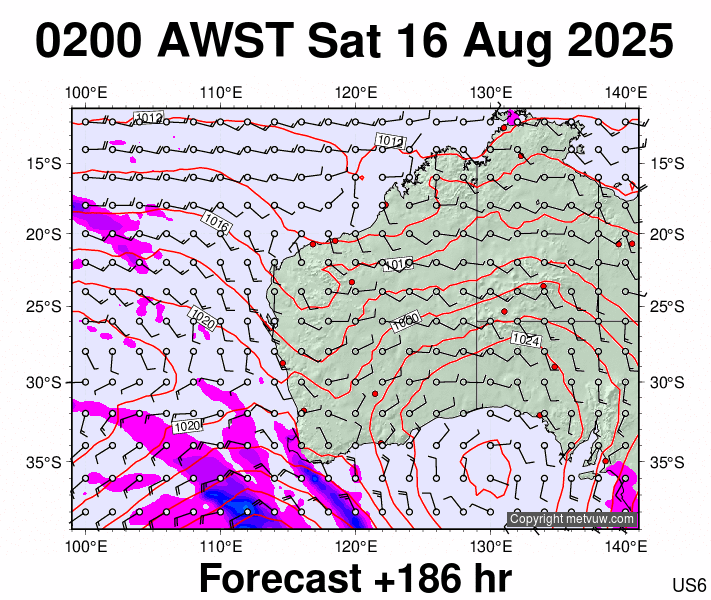 Western Australia forecast chart for Friday, August 15th, 2025 at 6:00 PM