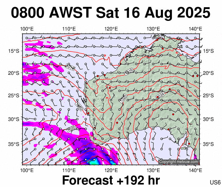 Western Australia forecast chart for Saturday, August 16th, 2025 at 12:00 AM