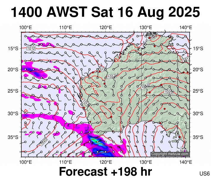 Western Australia forecast chart for Saturday, August 16th, 2025 at 6:00 AM