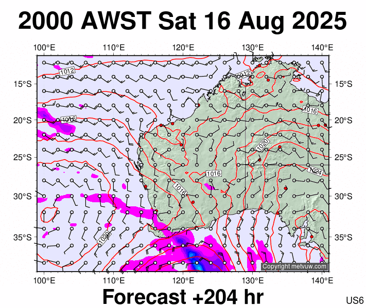 Western Australia forecast chart for Saturday, August 16th, 2025 at 12:00 PM