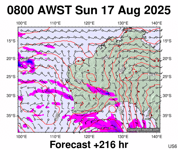 Western Australia forecast chart for Sunday, August 17th, 2025 at 12:00 AM
