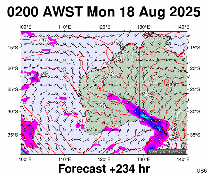 Western Australia forecast chart for Sunday, August 17th, 2025 at 6:00 PM