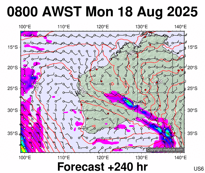 Western Australia forecast chart for Monday, August 18th, 2025 at 12:00 AM