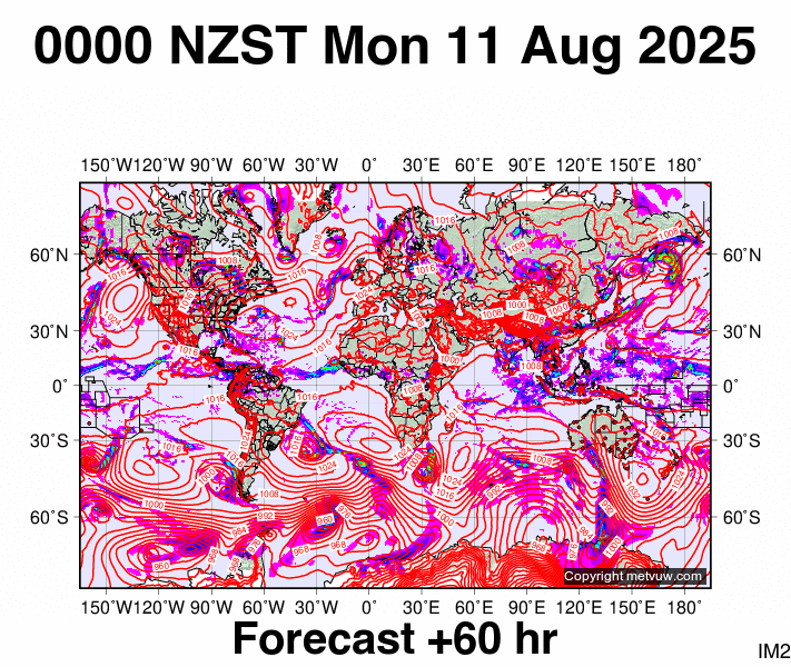 World forecast chart for Sunday, August 10th, 2025 at 12:00 PM