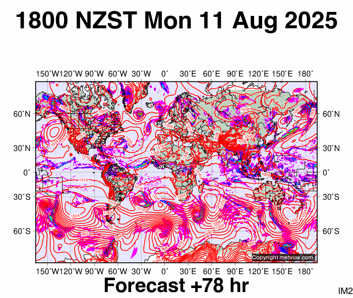 World forecast chart for Monday, August 11th, 2025 at 6:00 AM