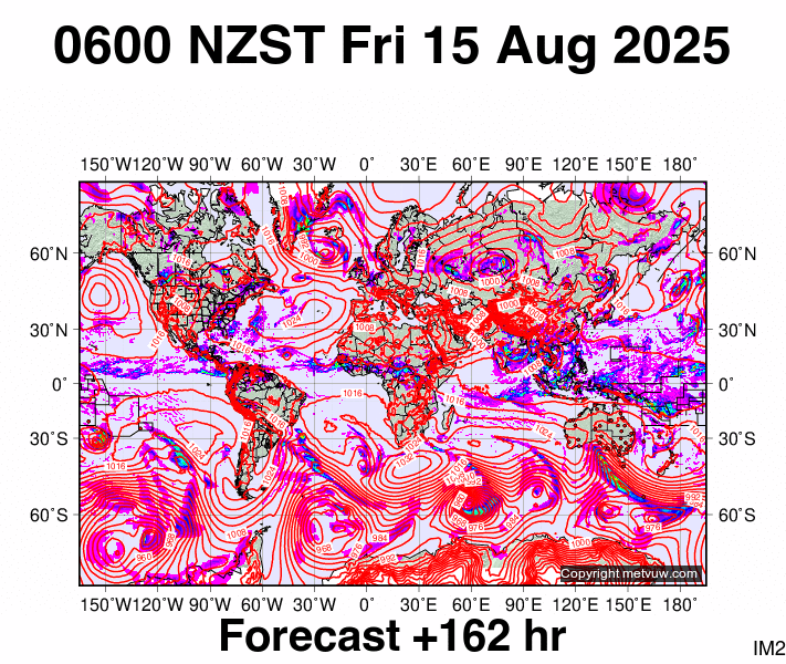 World forecast chart for Thursday, August 14th, 2025 at 6:00 PM