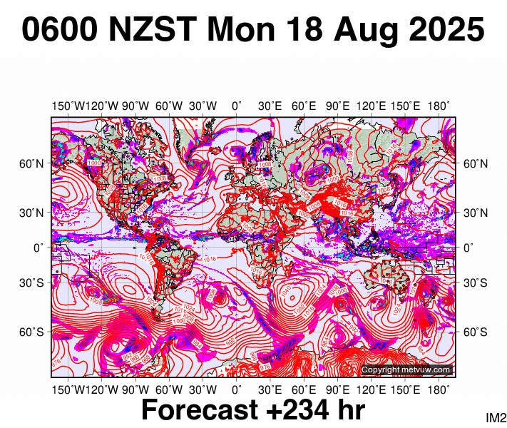 World forecast chart for Sunday, August 17th, 2025 at 6:00 PM
