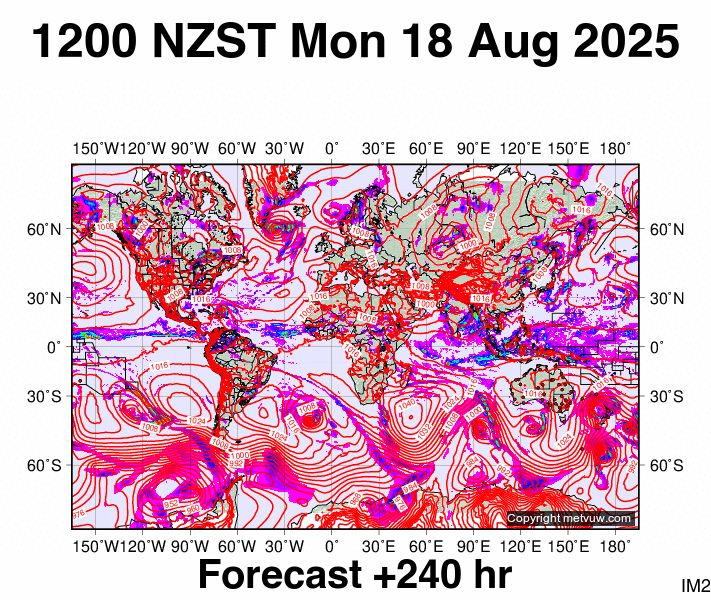 World forecast chart for Monday, August 18th, 2025 at 12:00 AM