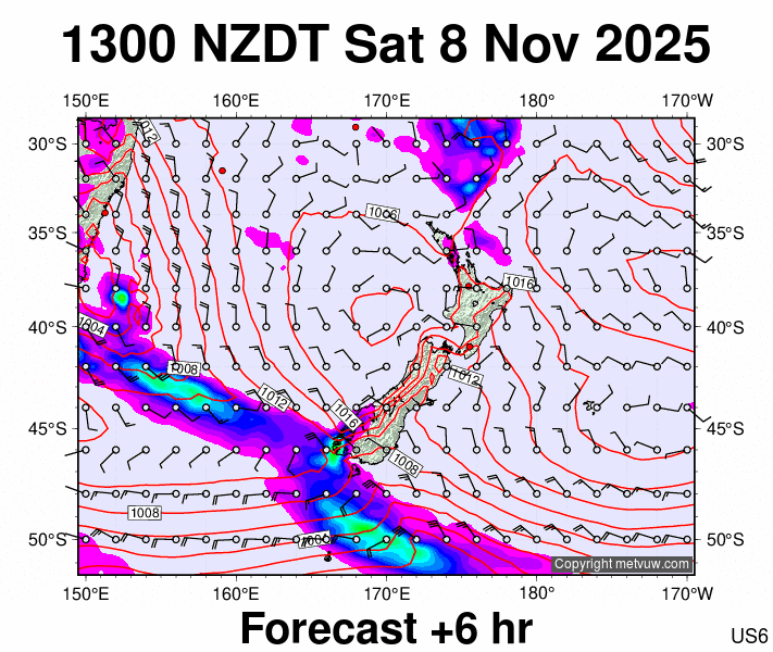 New Zealand forecast chart for Saturday, November 8th, 2025 at 12:00 AM