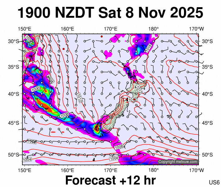 New Zealand forecast chart for Saturday, November 8th, 2025 at 6:00 AM