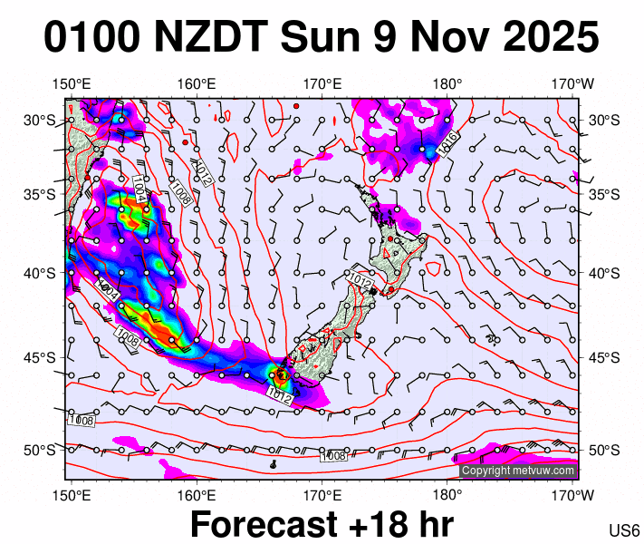 New Zealand forecast chart for Saturday, November 8th, 2025 at 12:00 PM