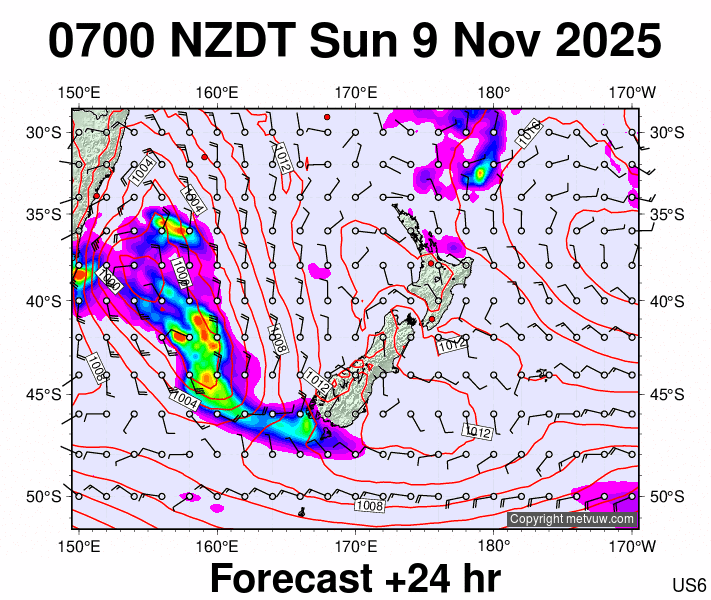 New Zealand forecast chart for Saturday, November 8th, 2025 at 6:00 PM