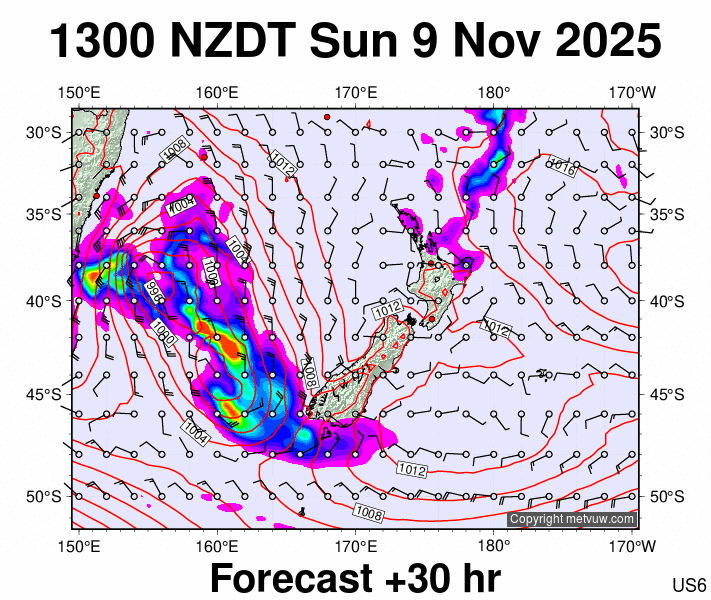 New Zealand forecast chart for Sunday, November 9th, 2025 at 12:00 AM
