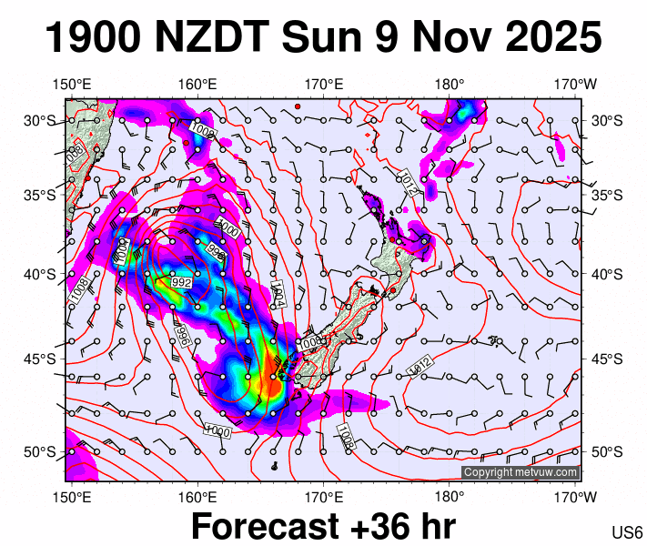 New Zealand forecast chart for Sunday, November 9th, 2025 at 6:00 AM