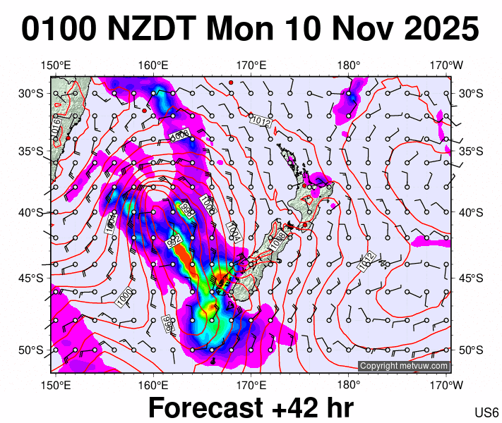 New Zealand forecast chart for Sunday, November 9th, 2025 at 12:00 PM