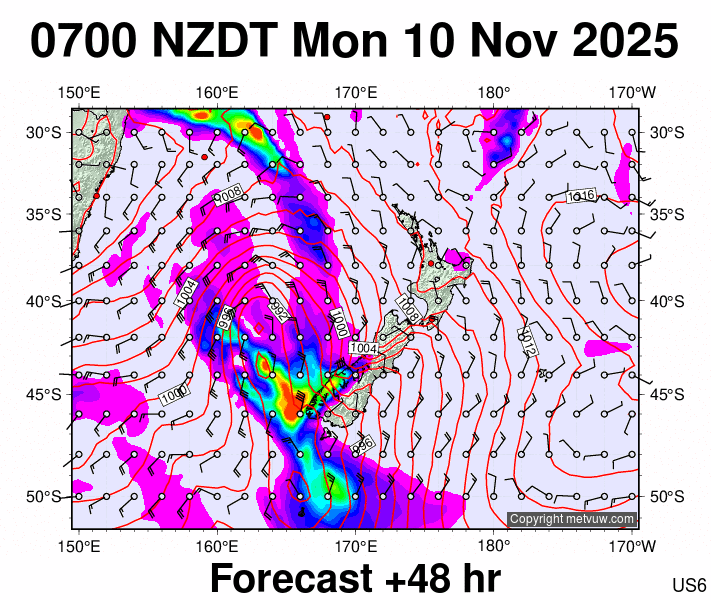 New Zealand forecast chart for Sunday, November 9th, 2025 at 6:00 PM