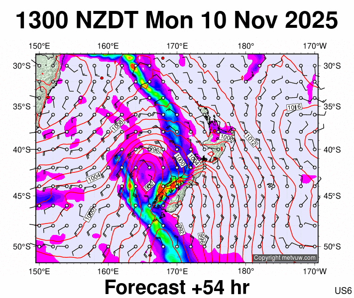 New Zealand forecast chart for Monday, November 10th, 2025 at 12:00 AM