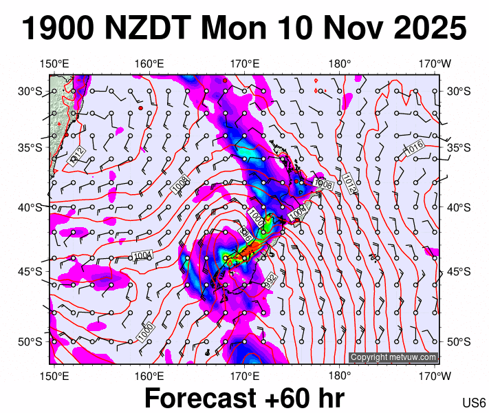 New Zealand forecast chart for Monday, November 10th, 2025 at 6:00 AM