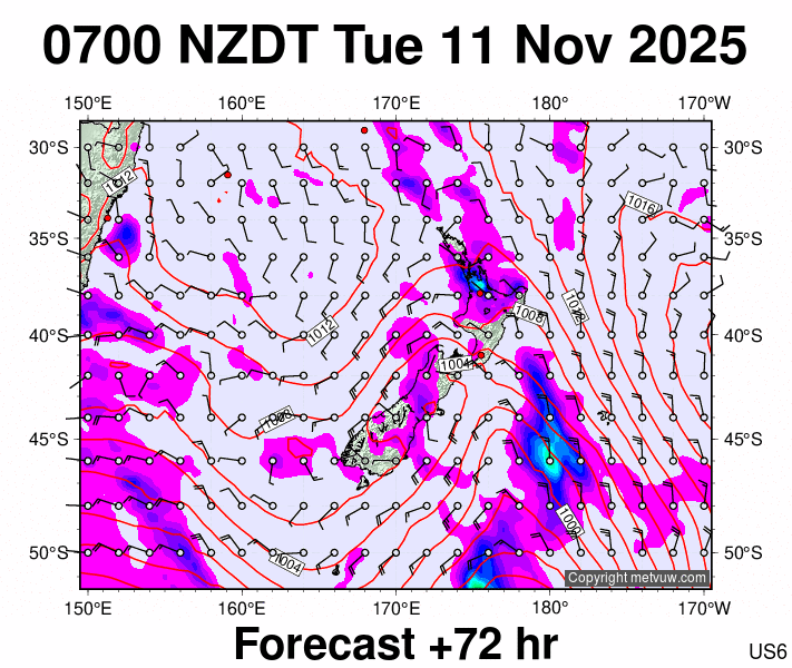 New Zealand forecast chart for Monday, November 10th, 2025 at 6:00 PM