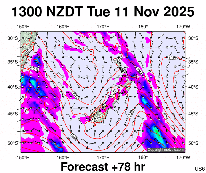 New Zealand forecast chart for Tuesday, November 11th, 2025 at 12:00 AM