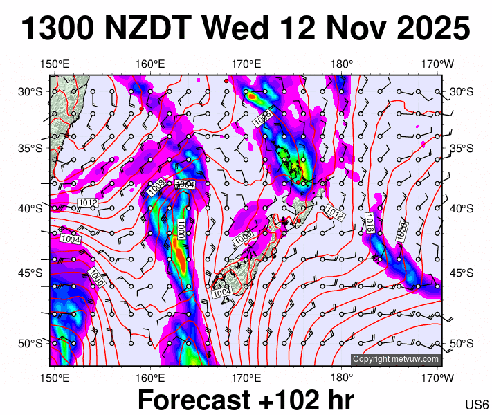 New Zealand forecast chart for Wednesday, November 12th, 2025 at 12:00 AM