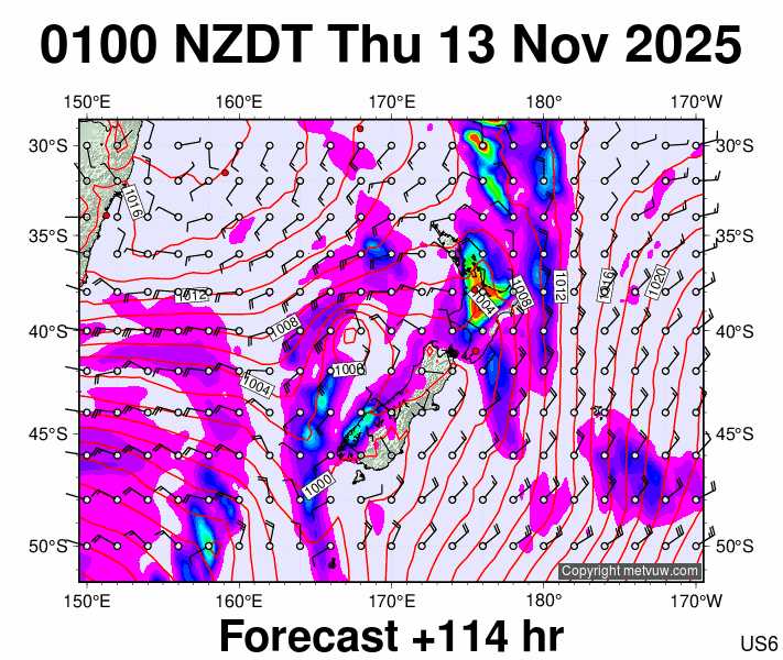 New Zealand forecast chart for Wednesday, November 12th, 2025 at 12:00 PM