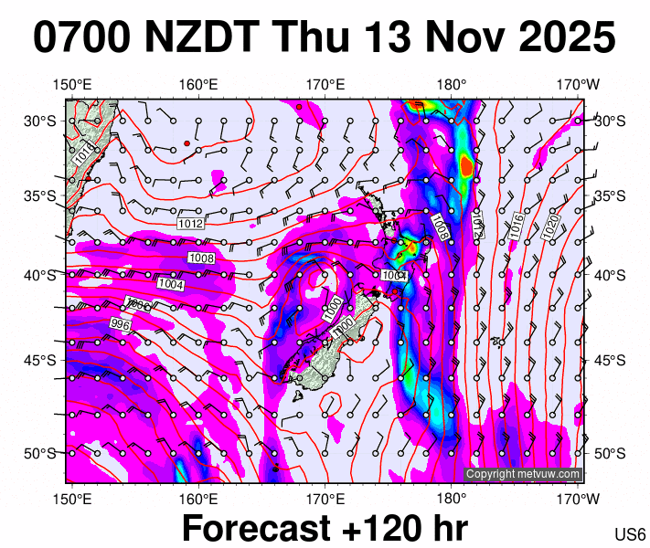 New Zealand forecast chart for Wednesday, November 12th, 2025 at 6:00 PM