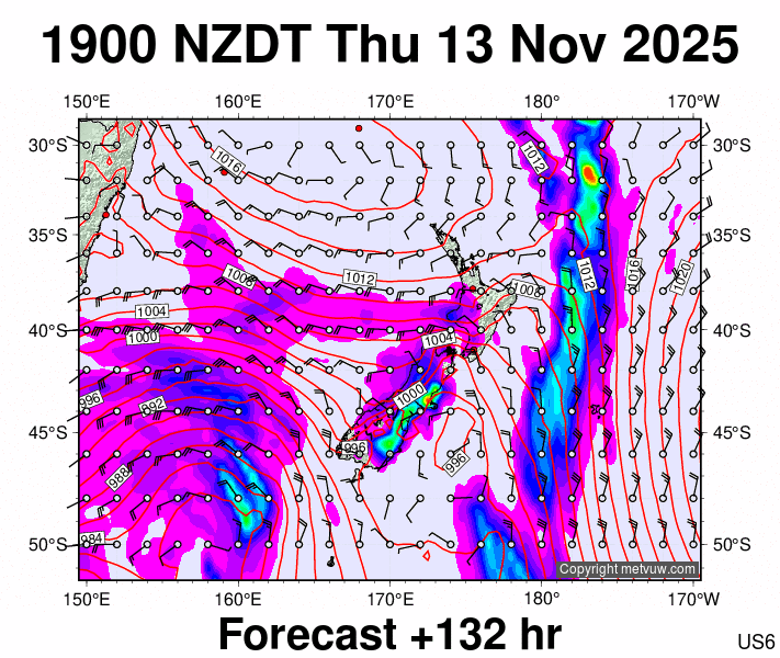 New Zealand forecast chart for Thursday, November 13th, 2025 at 6:00 AM