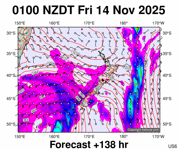 New Zealand forecast chart for Thursday, November 13th, 2025 at 12:00 PM