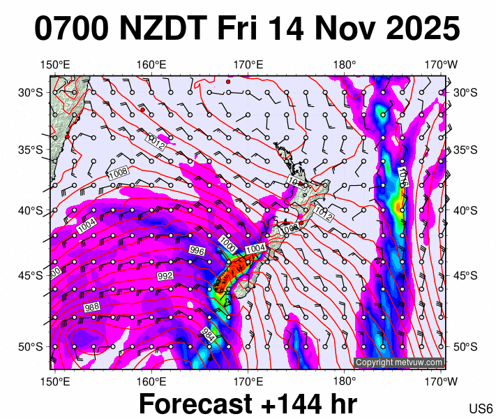 New Zealand forecast chart for Thursday, November 13th, 2025 at 6:00 PM