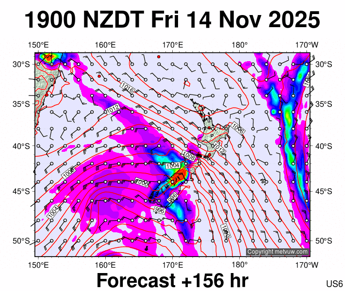 New Zealand forecast chart for Friday, November 14th, 2025 at 6:00 AM