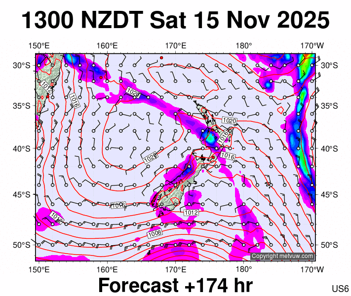 New Zealand forecast chart for Saturday, November 15th, 2025 at 12:00 AM