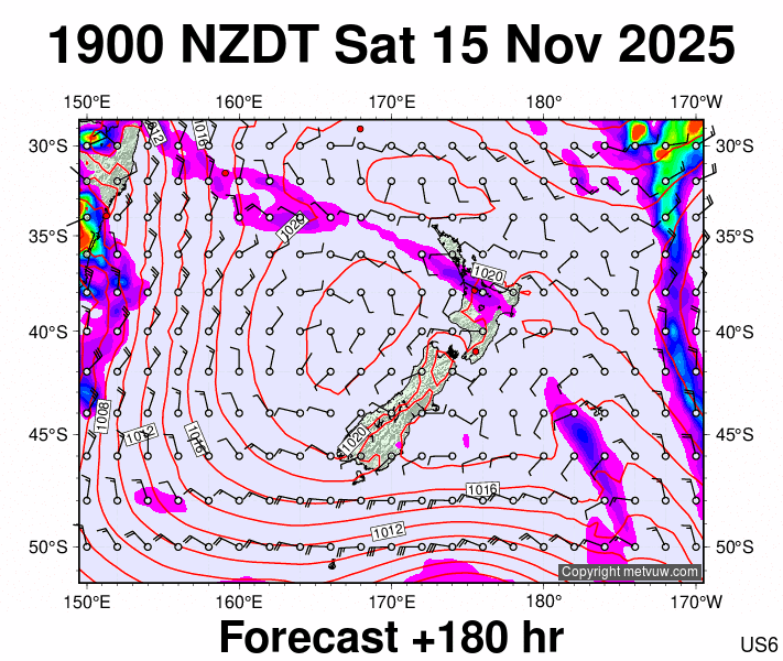 New Zealand forecast chart for Saturday, November 15th, 2025 at 6:00 AM