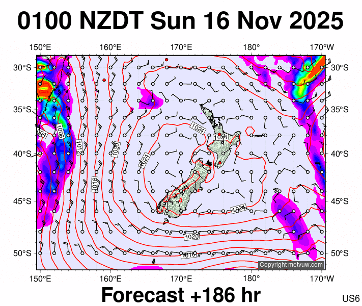 New Zealand forecast chart for Saturday, November 15th, 2025 at 12:00 PM