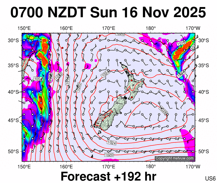 New Zealand forecast chart for Saturday, November 15th, 2025 at 6:00 PM