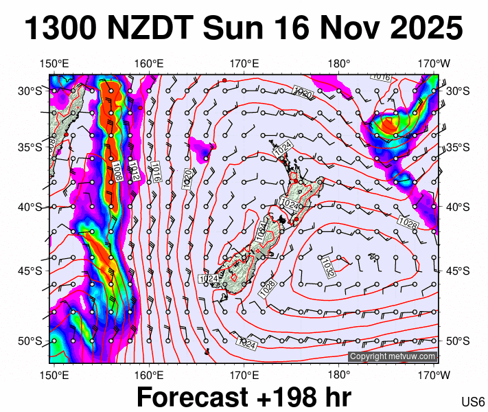 New Zealand forecast chart for Sunday, November 16th, 2025 at 12:00 AM
