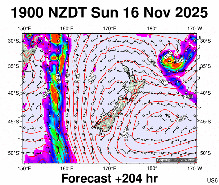 New Zealand forecast chart for Sunday, November 16th, 2025 at 6:00 AM